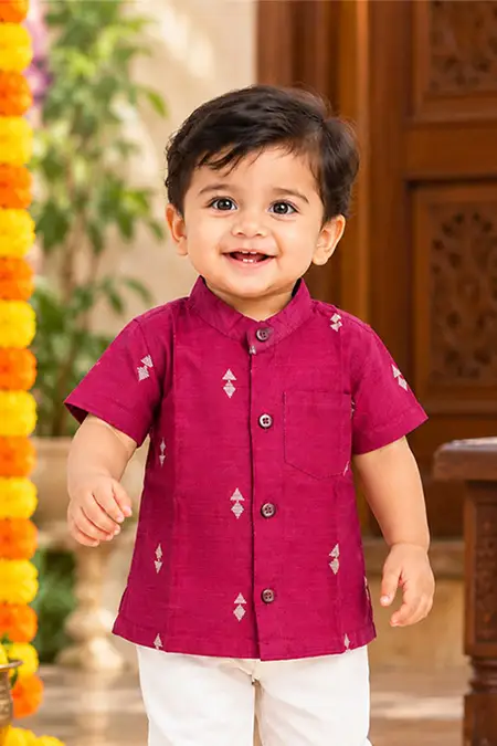 Raw Silk Self Designed Shirt for Baby Boys - Magenta