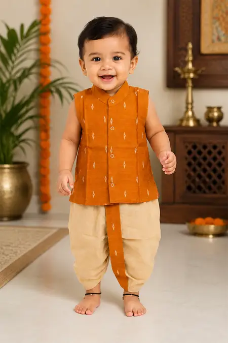 Raw Silk Sleeveless Shirt & Panchakacham Set for Baby Boys - Orange