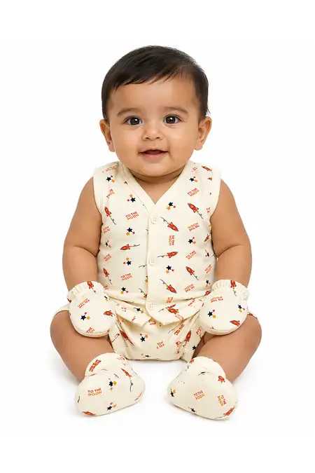 Cotton Printed Top, Shorts, Mitten & Booty Set for Babies - Cream