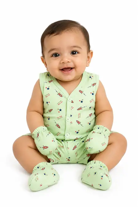 Cotton Printed Top, Shorts, Mitten & Booty Set for Babies - Green