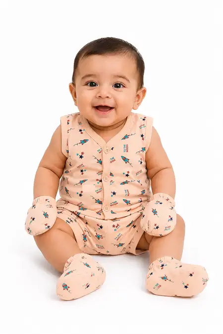 Cotton Printed Top, Shorts, Mitten & Booty Set for Babies - Peach