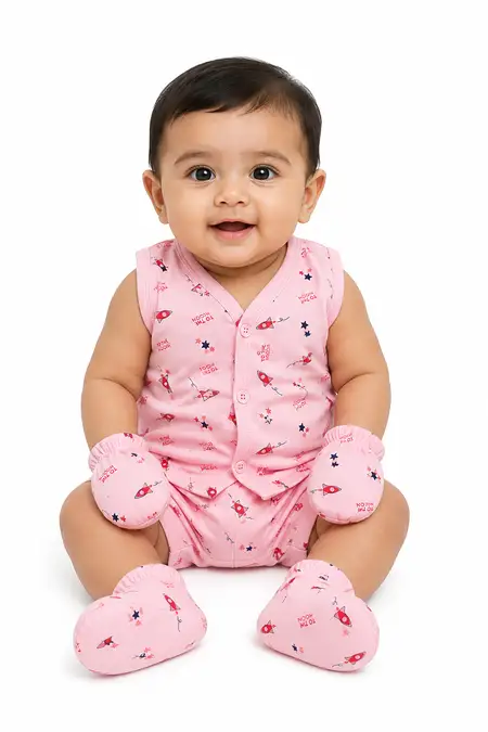 Cotton Printed Top, Shorts, Mitten & Booty Set for Babies - Pink