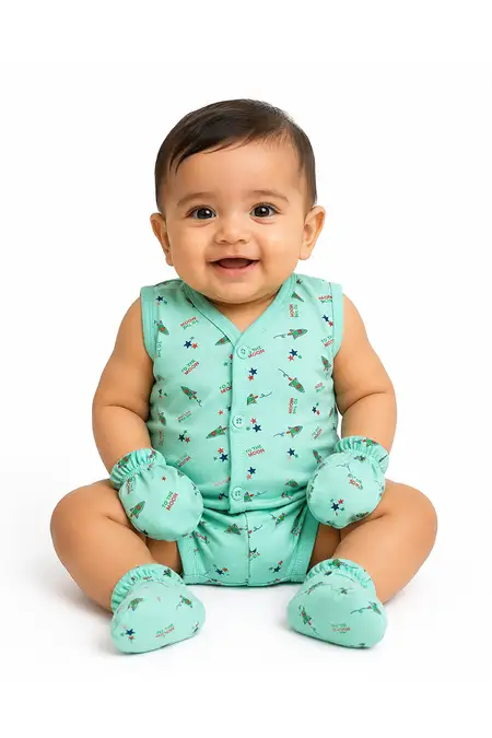 Cotton Printed Top, Shorts, Mitten & Booty Set for Babies - Sea Green