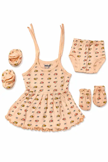Cotton Printed Knot Frock, Panty, Mitten & Booty Set for Babies - Peach