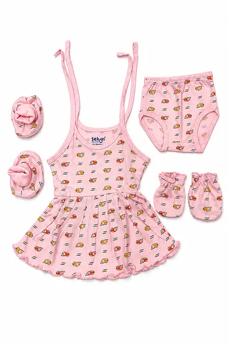 Cotton Printed Knot Frock, Panty, Mitten & Booty Set for Babies - Pink