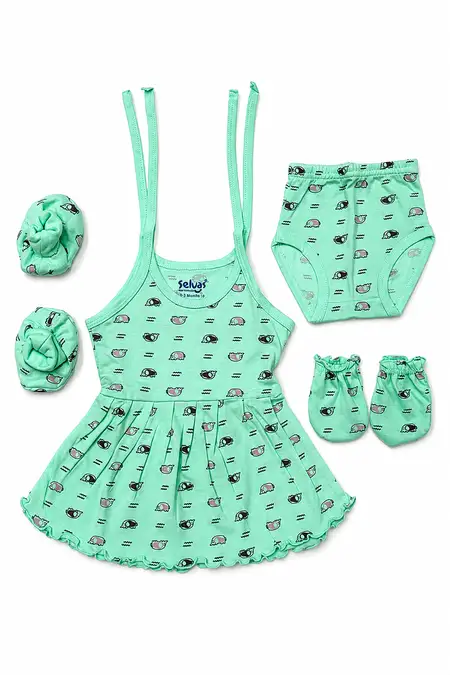 Cotton Printed Knot Frock, Panty, Mitten & Booty Set for Babies - Sea Green