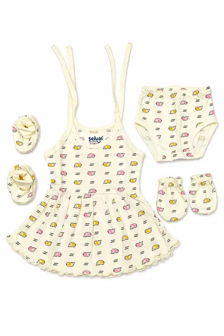 Cotton Printed Knot Frock, Panty, Mitten & Booty Set for Babies - Yellow