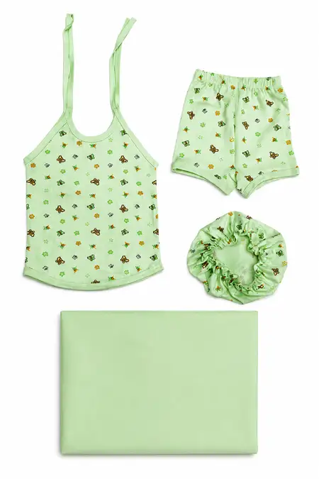 Cotton Printed Knot Jhabla, Shorts, Cap & Towel for Babies - Green
