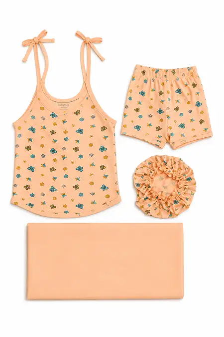 Cotton Printed Knot Jhabla, Shorts, Cap & Towel for Babies - Peach