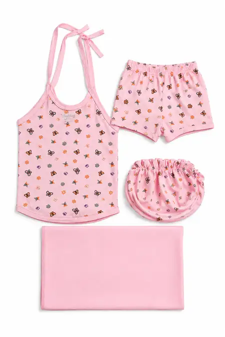 Cotton Printed Knot Jhabla, Shorts, Cap & Towel for Babies - Pink CLJBGS16PIN03M
