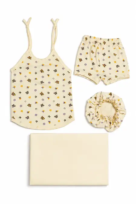 Cotton Printed Knot Jhabla, Shorts, Cap & Towel for Babies - Yellow CLJBGS16YEL03M