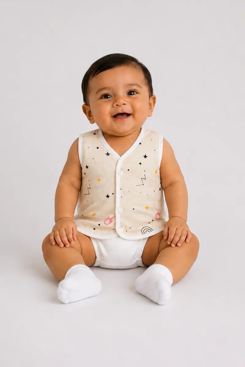 Cotton Printed Button Jhabla for Babies - Cream