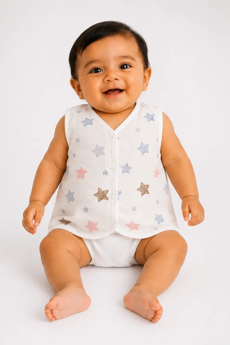 Cotton Printed Button Jhabla for Babies - Cream