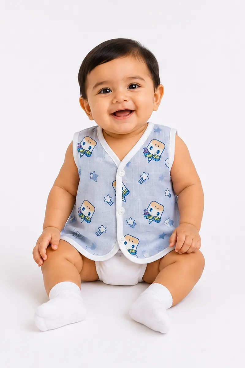 Cotton Printed Button Jhabla for Babies - Blue