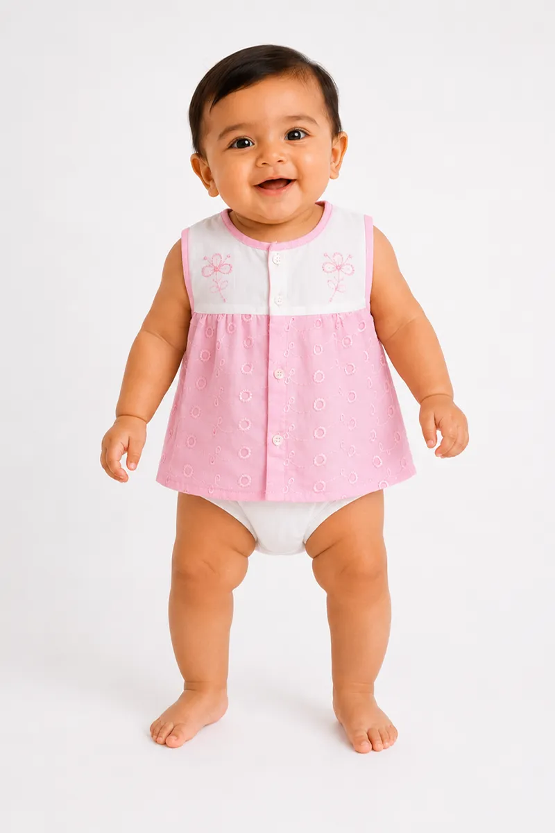 Cotton Printed Button Jhabla for Babies - Pink