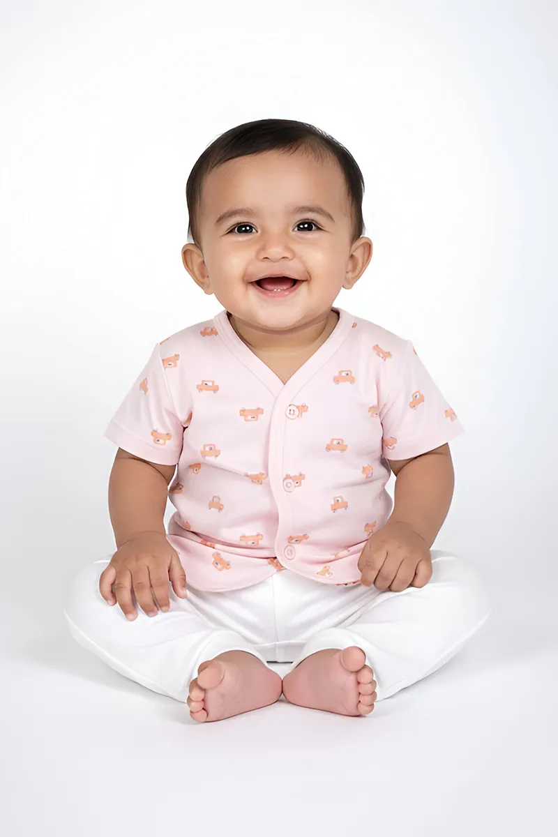 Cotton Printed Button Jhabla for Babies - Pink