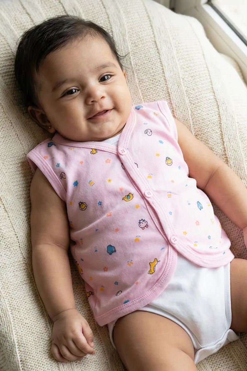 Cotton Printed Button Jhabla for Babies - Pink