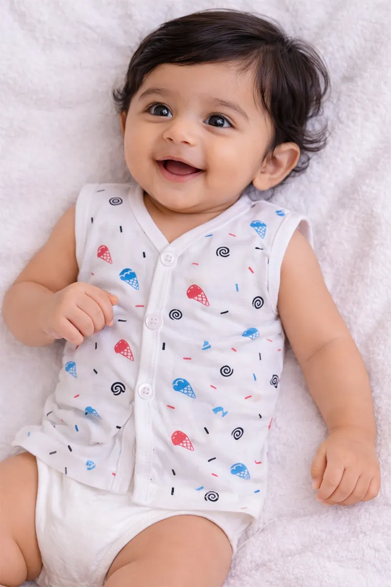 Printed Button Jhabla for Babies - White CLJBJ0078WHI03M