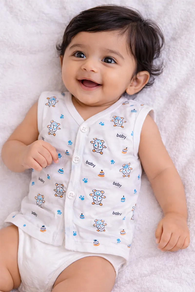 Printed Button Jhabla for Babies - White