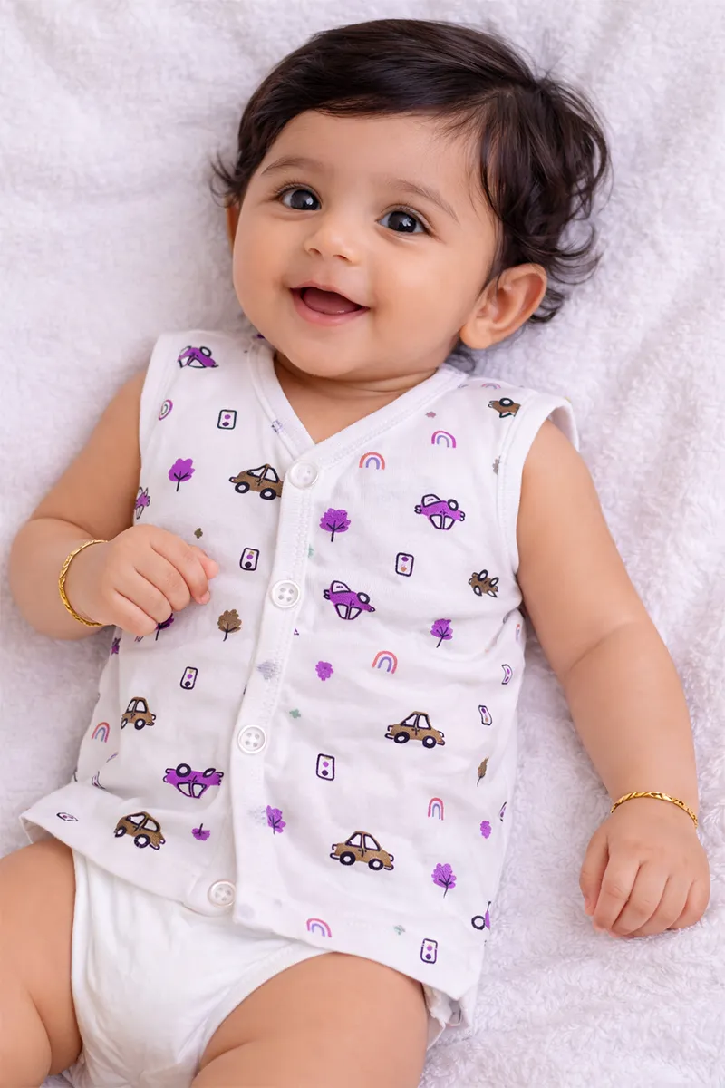 Printed Button Jhabla for Babies - White CLJBJ0080WHI03M