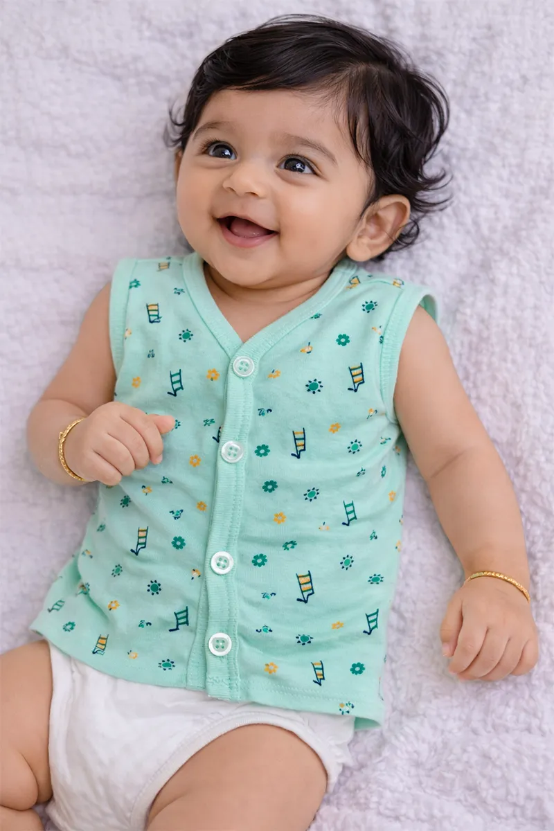 Printed Button Jhabla for Babies - Aqua