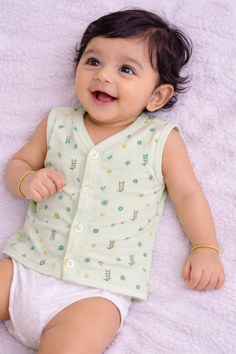 Printed Button Jhabla for Babies - Green