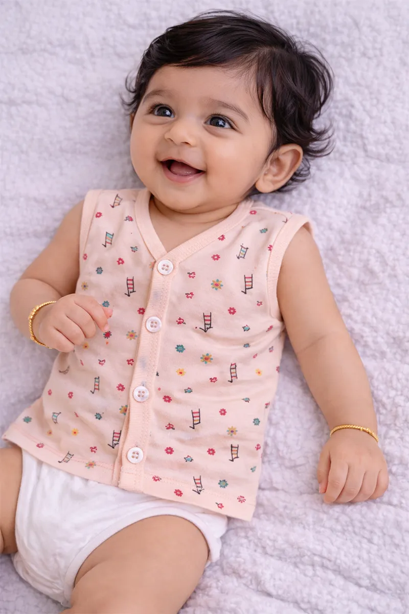 Printed Button Jhabla for Babies - Peach