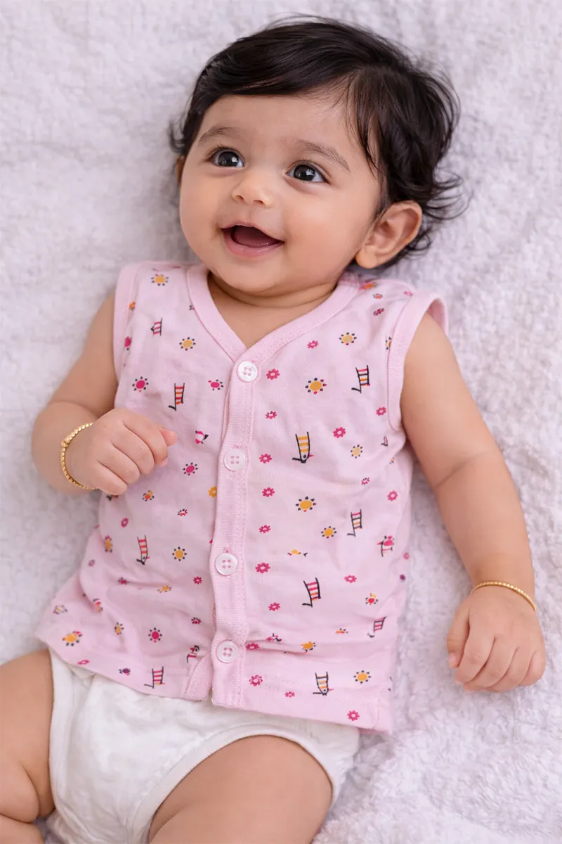 Printed Button Jhabla for Babies - Pink