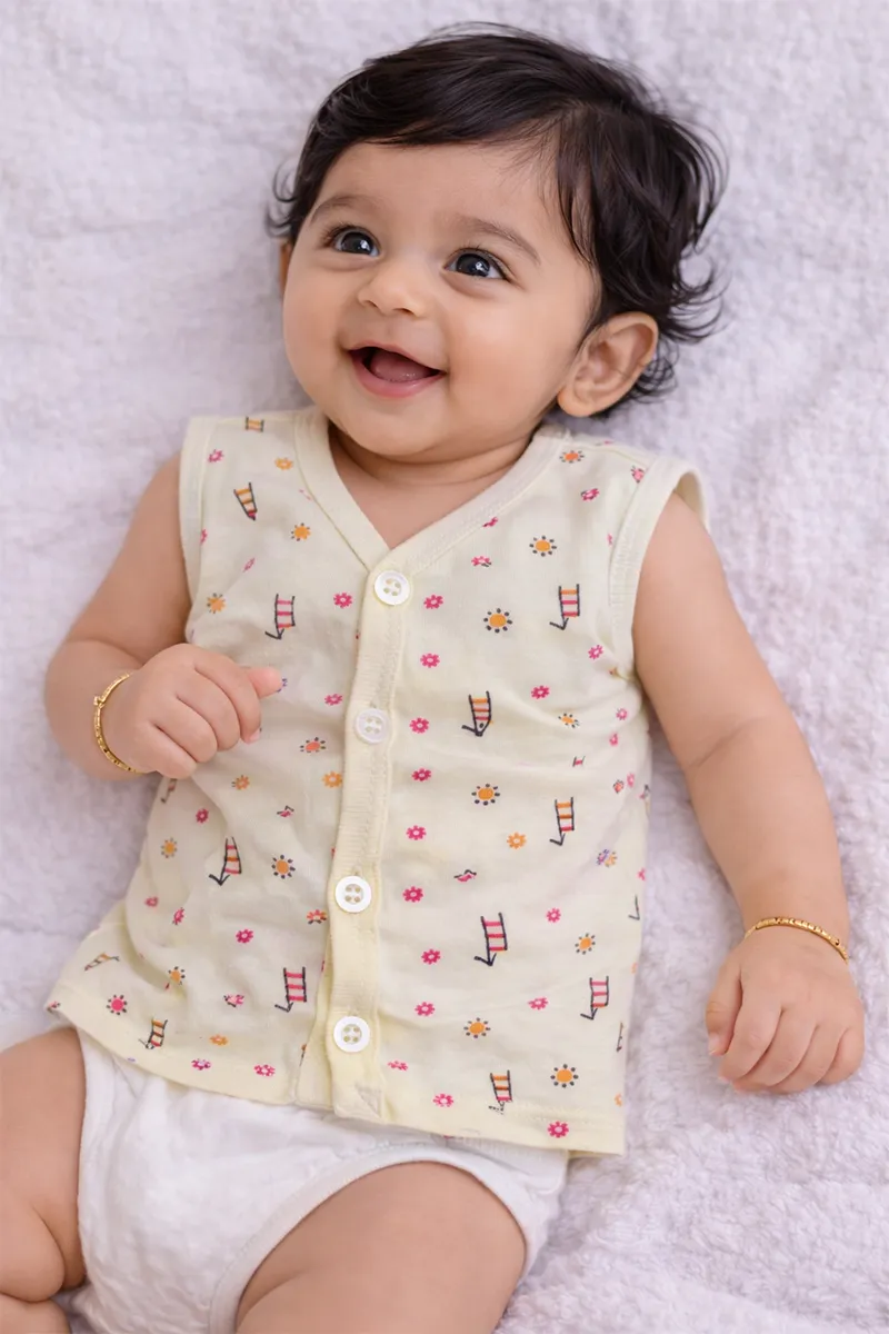 Printed Button Jhabla for Babies - Yellow