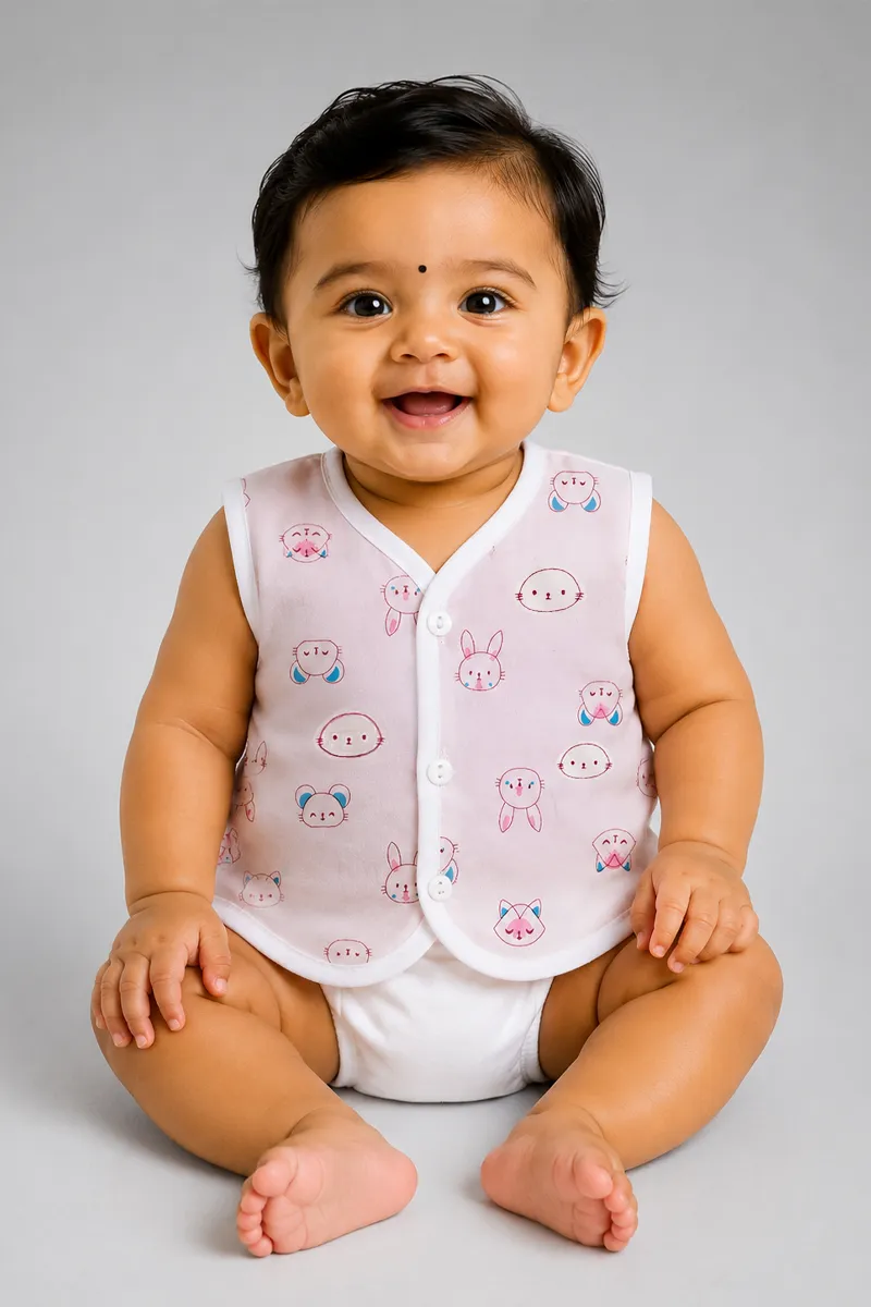 Cotton Printed Button Jhabla for Babies - Pink