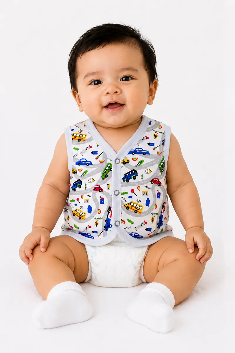 Cotton Printed Button Jhabla for Babies - White