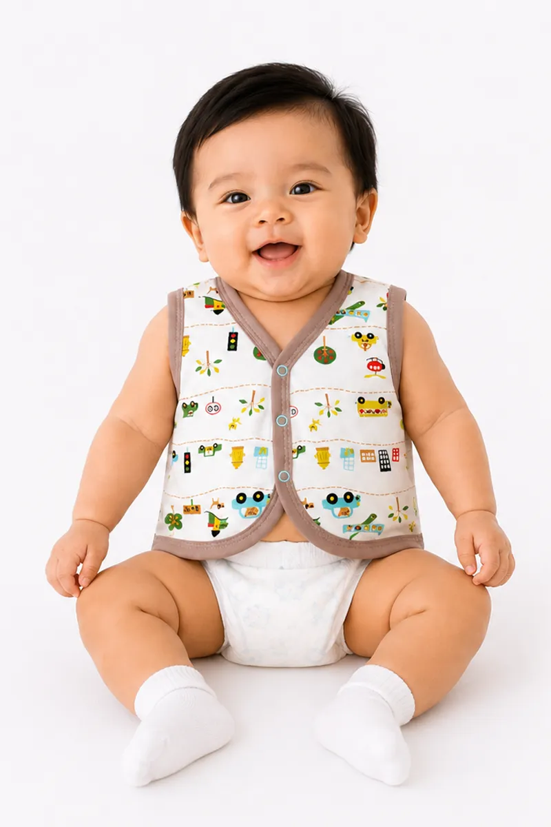 Cotton Printed Button Jhabla for Babies - Brown