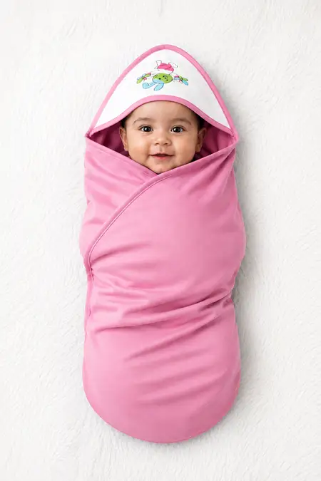 Interlock Solid Hooded Swaddle Wrap for Babies - Pink