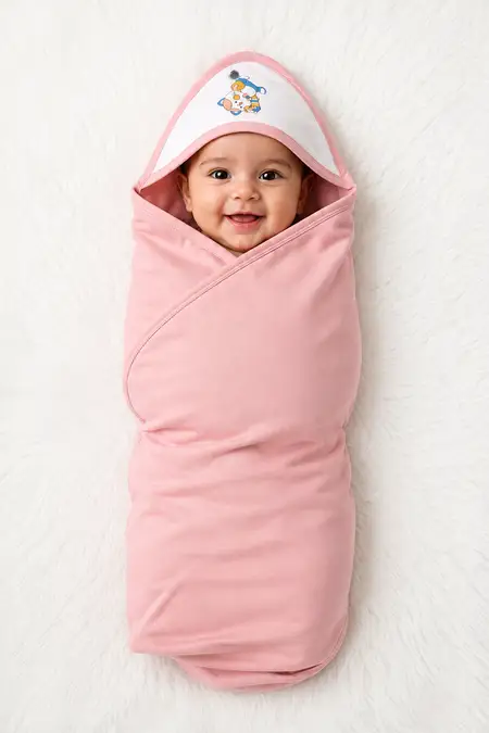 Interlock Solid Hooded Swaddle Wrap for Babies - Peach