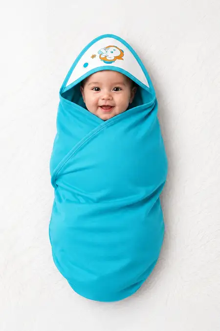 Interlock Solid Hooded Swaddle Wrap for Babies - Blue