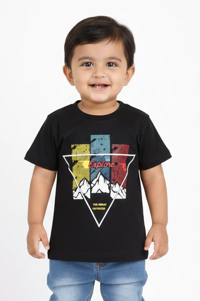 Printed Cotton T-Shirt for Baby Boys - Black