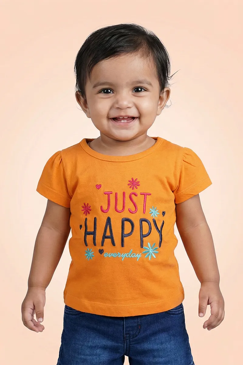 Printed Cotton T-Shirt for Baby Girls - Light Orange CLJBT00162LOR612M