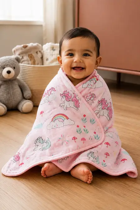 Printed Muslin Towel for Babies -  Pink