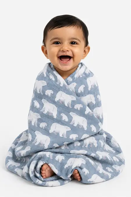 Muslin Cotton Printed Towel for Babies - Grey