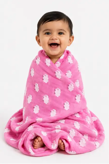 Muslin Cotton Printed Towel for Babies - Pink