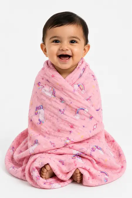 Muslin Cotton Printed Towel for Babies - Peach