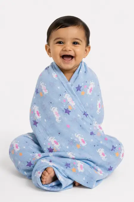 Muslin Cotton Printed Towel for Babies - Blue