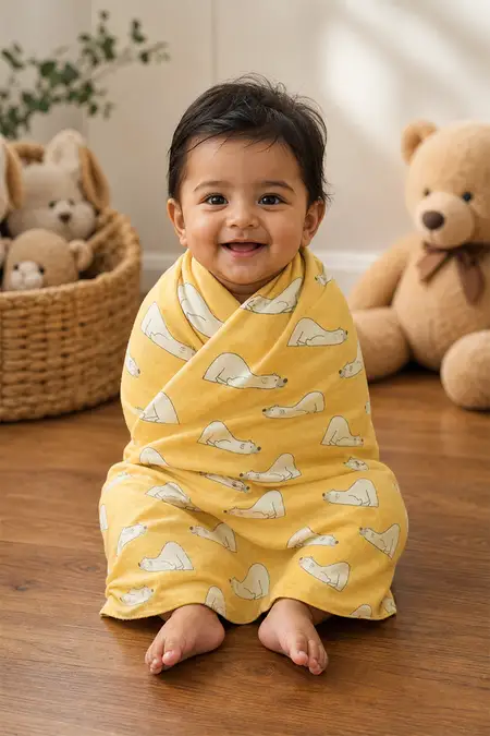 Muslin Cotton Printed Towel for Babies - Yellow