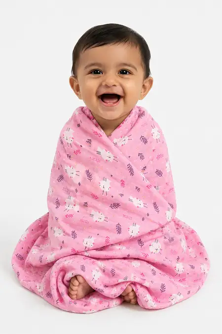 Muslin Cotton Printed Towel for Babies - Baby Pink