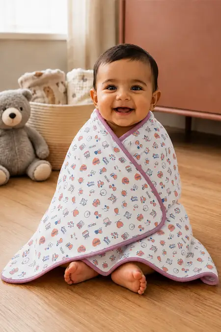 Cotton Printed Towel for Babies - Dusty Pink