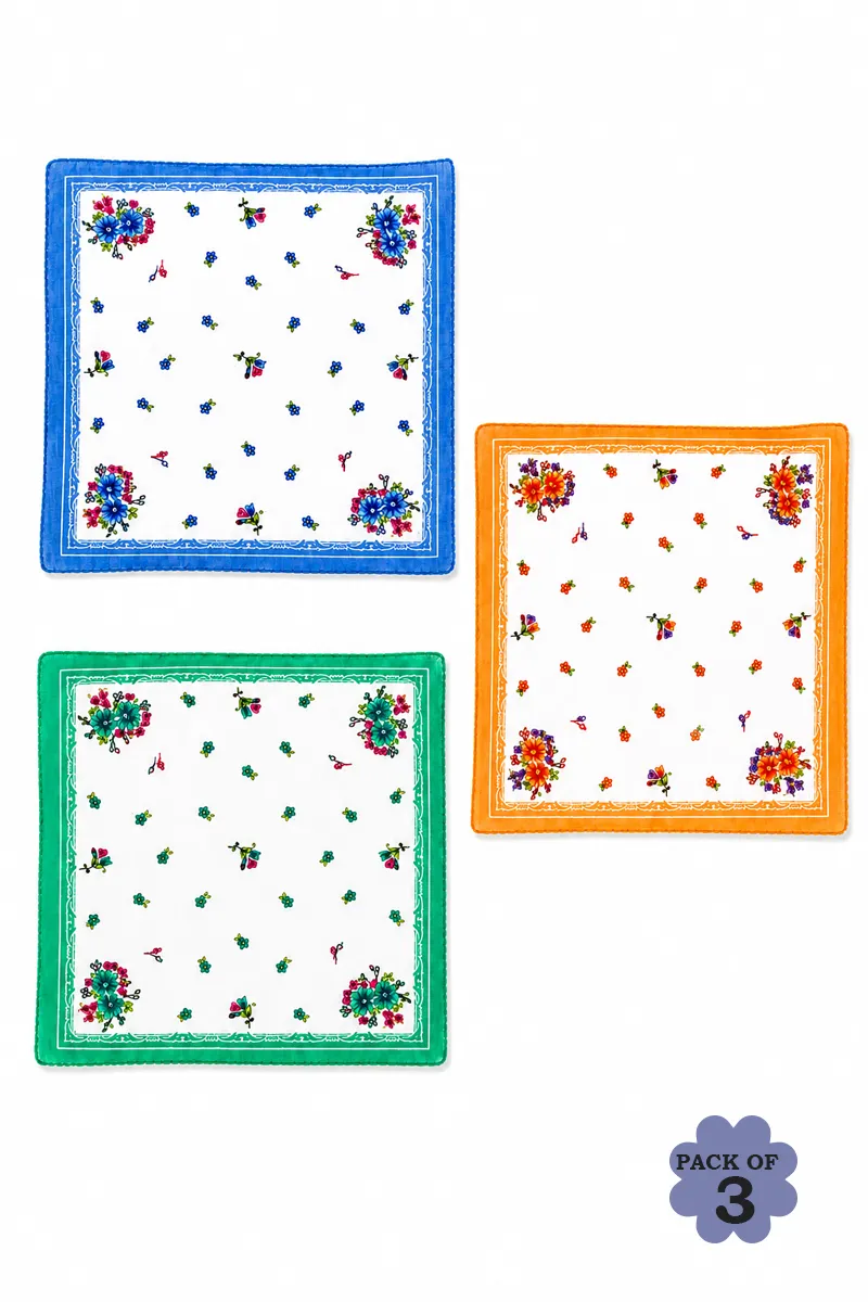 Pack of 3 Cotton Printed Hand Kerchief for Kids - Multicolor
