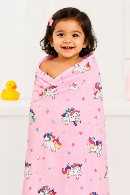 Muslin Cotton Printed Towel for Kids - Pink