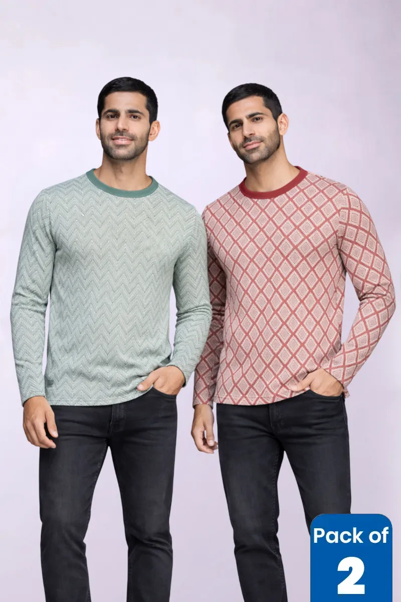 Men's Cotton Self Designed Full Sleeve T-shirt - Pack of 2