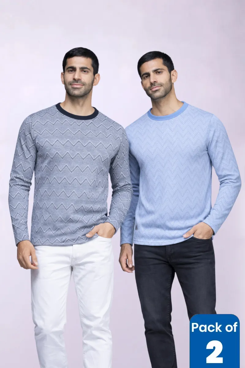 Men's Cotton Self Designed Full Sleeve T-shirt - Pack of 2
