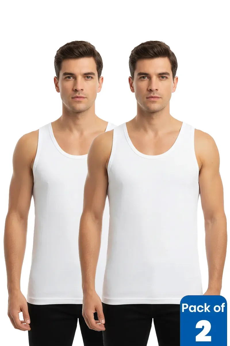 Men's Cotton Solid Vest - Pack of 2 CLMCB278WHI100